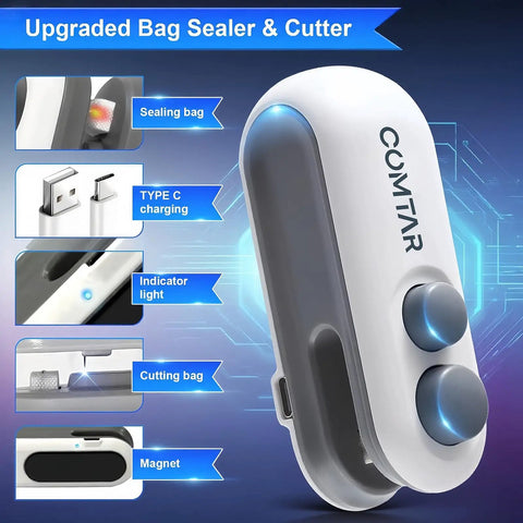 2 In 1 Rechargeable Bag Sealer With Cutter USB C Heat Sealer Resealer For Chips And Snacks Portable Grab And Go Pocket Size White Keeps Snacks Fresh Easy One Button Operation Compact Travel Friendly image showing device with USB-C port, magnet, indicator light, and sealing function.