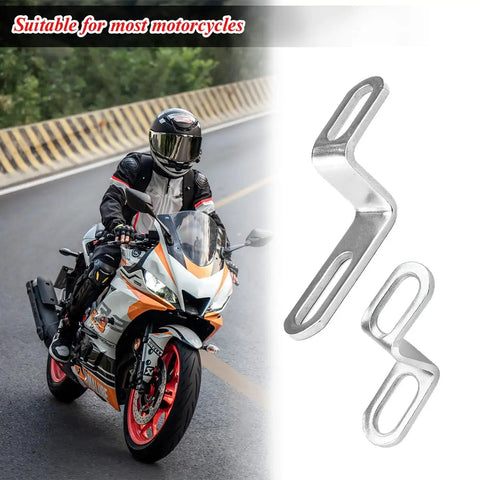 Motorcycle Exhaust Pipe Bracket 2 Pack Z Shape Stainless Steel Muffler Hanger Mount Clamp Universal Fit For Dirt Bikes Scooters Motocross Replacement Accessories Beefed Up Rugged Vibration Resistant displayed next to motorcycle