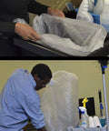 Two images of people using Heavy Duty Clear Trash Bags 1000 Count 12 To 16 Gallon Size 24 By 33 Inch in office cleanups.