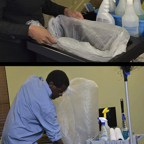 Two images of people using Heavy Duty Clear Trash Bags 1000 Count 12 To 16 Gallon Size 24 By 33 Inch in office cleanups.
