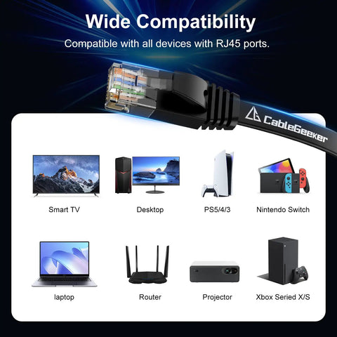 Cat6 Ethernet Cable 100 Ft Indoor Outdoor Rock Solid High Speed 10Gbps Pure Copper Flat Patch Cable shown with compatible devices