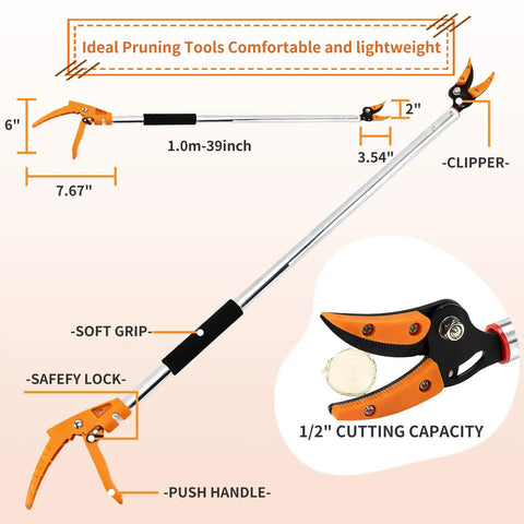 Long Reach Tree Pruner And Trimmer For High Branches And Fruit Picking 3.5 Foot Aluminum Extension Shears With Rust Resistant Loppers