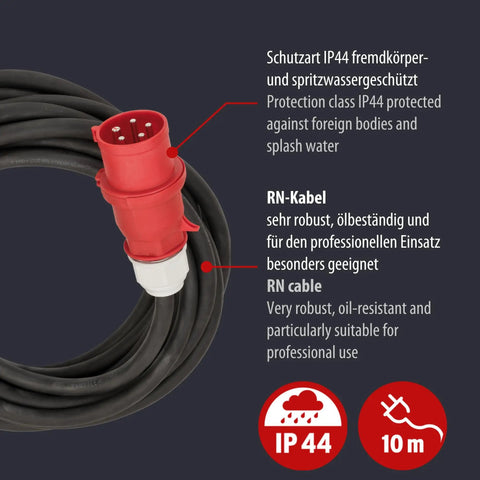 CEE Extension Cable 10 Meter Heavy Duty Neoprene Rubber Cord IP44 5 Pole With Plug And Coupling Sealed Flap showing sealed IP44 plug and cable.