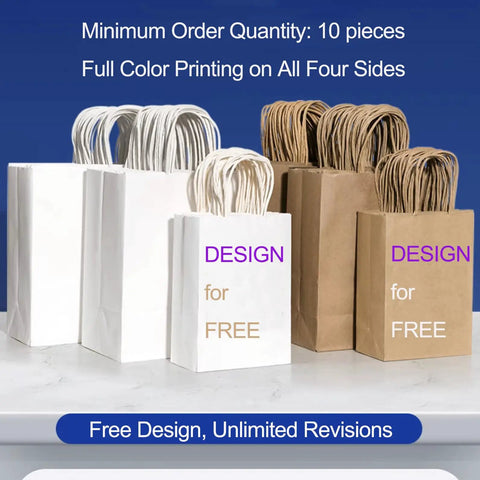 Custom Dope Design Paper Shopping Bags With Handles In Brown And White Six Sizes From S To XL Pack Of 10 To 1000 Personalized Kraft Paper Bags For Logos Text Or Images Eco Friendly Retail Or Event Use