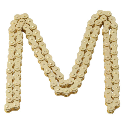 Front view of gold KAMIER 420 drive chain, 102 links laid in loops
