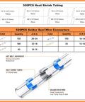 Chart with 300 heat shrink tubing pieces and 520 solder seal wire connectors, part of All-In-One Compact Heat Shrink Gun Kit.