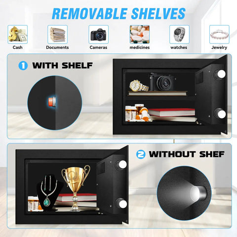 Open 1.8 Cu Ft Fireproof Waterproof Safe Box For Documents And Valuables With Digital Keypad Emergency Battery And Combo Lock showing removable shelves with items like jewelry and trophies.