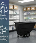 Rugged Build Tilt Truck Dump Cart Boasts Half Cubic Yard Volume And 300 Pound Weight Limit designed for easy hauling in a storage area.