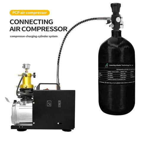 4500 Psi 2.7L Carbon Fiber Scuba Tank with Paintball Fill Station Valve connected to air compressor