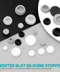 Awesome 120 Piece Silicone Plug Assortment Kit With Nine Sizes For Cars And Furniture. Grey snap-in hole plugs on black, white, and gray backgrounds