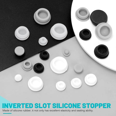 Awesome 120 Piece Silicone Plug Assortment Kit With Nine Sizes For Cars And Furniture. Grey snap-in hole plugs on black, white, and gray backgrounds