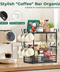 Coffee Mug Organizer Rack For Countertop, 2 Tier Mug Stand With 12 Hooks, black shelf with mugs and coffee essentials