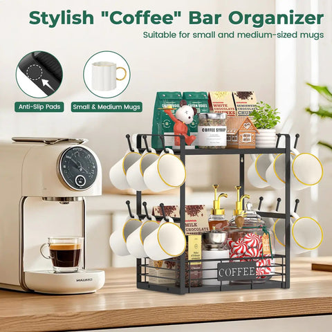 Coffee Mug Organizer Rack For Countertop, 2 Tier Mug Stand With 12 Hooks, black shelf with mugs and coffee essentials