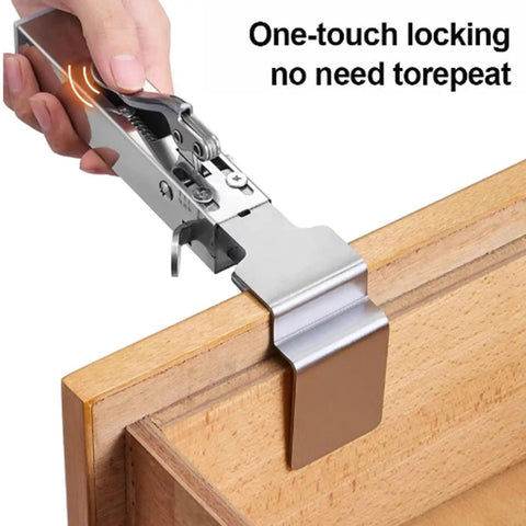 Heavy Duty Adjustable Drawer Clamp With One Touch Quick Release for precise cabinet front installation on wood.