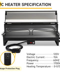 Racewill 1/2 To 2 Inch Pvc Conduit Bending Heater With Digital Temp Display For Precise Heat Control specifications with power and heating details.