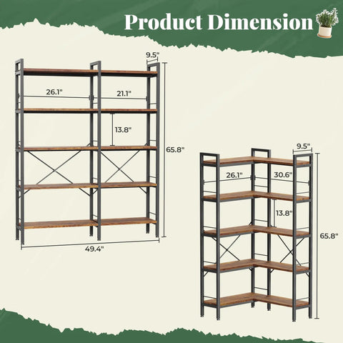 Dope L Shaped Corner Bookshelf With Metal Frame And Wooden Shelves Ten Open Shelves 49.4 Inch Wide Bookcase dimensions graphic