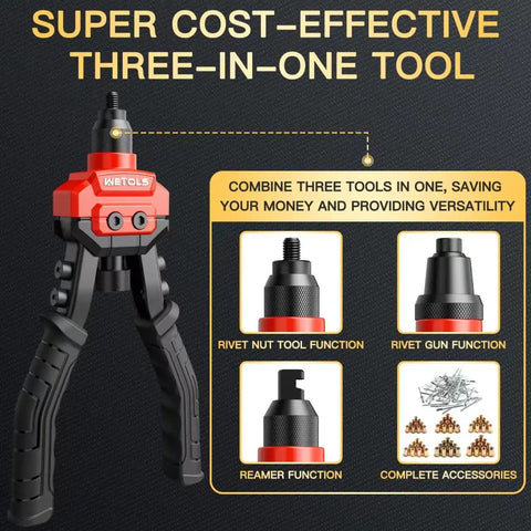 Wetols 3 In 1 Rivet Nut Gun Tool Kit With Reamer And Mandrels, showcasing three functions for versatile use.