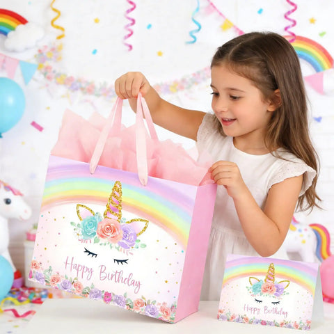 Girl with 13 Inch Unicorn Gift Bag With Greeting Card And Tissue Paper For Baby Girls And Kids Birthday Party Rainbow Unicorn Theme All In One Gift Bag Set