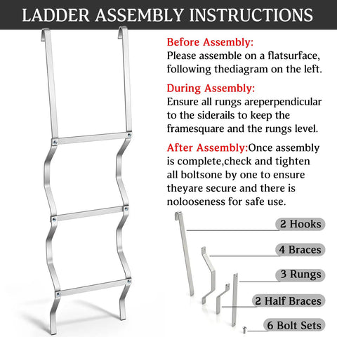 Aluminum Egress Window Well Ladder 3 Step With Hook, Basement Escape Ladder Fits 4-5 Ft Window Wells, 14 Inch Rung Spacing, 50 Inch Height, 300 Lb Capacity, No-Hassle Safe Emergency Home Access, assembly diagram