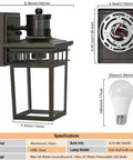 Motion Sensor Outdoor Wall Lantern With Remote, Dusk To Dawn Sensor, Glass Shade, includes LED bulb and specifications diagram