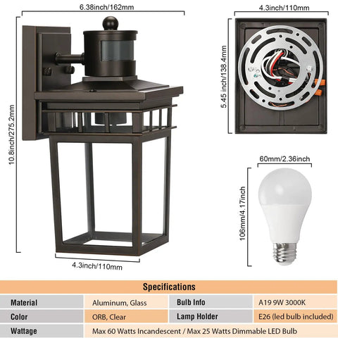 Motion Sensor Outdoor Wall Lantern With Remote, Dusk To Dawn Sensor, Glass Shade, includes LED bulb and specifications diagram