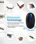 Upgraded Ultrasonic Pest Repeller Indoor Plug In With 3 Mode Switching 6 Pack Keeps Mice Roaches Ants Spiders Mosquitoes Bugs Out Of Your Home Office Store shown with pest images and features