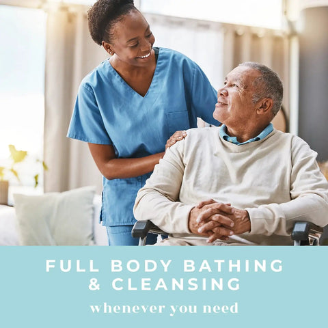Healthcare worker assisting elderly man with XL Shower Wipes For Adults No Rinse Bathing On The Go Clean Up Wipes For Travel Camping Gym Car Elderly
