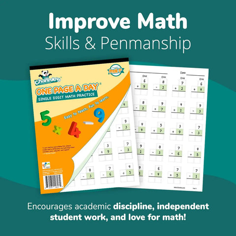 Cover and pages of Single Digit Addition And Subtraction Math Workbook For Early Learners Pre K Through 1st Grade, Double Sided Practice Pages, 50 Pages, Easy And Fun Way To Build Fluency And Confidence In Basic Math