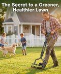 Man using 15 Thick Spikes Lawn Aerator Tool with Weldless U Shaped Handle for Yard Care next to children and dog in yard
