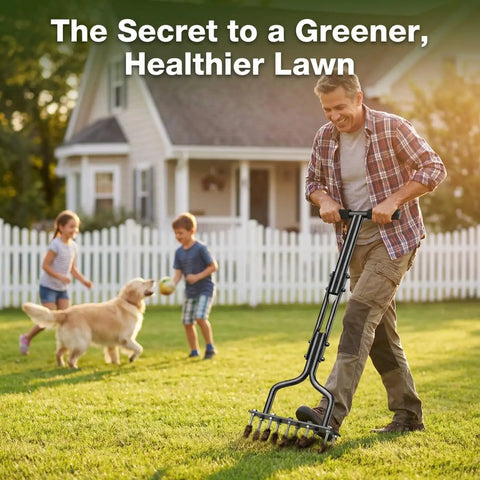 Man using 15 Thick Spikes Lawn Aerator Tool with Weldless U Shaped Handle for Yard Care next to children and dog in yard