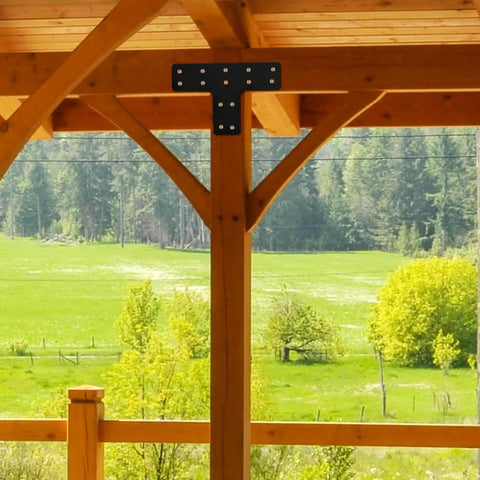 Heavy Duty T Post Brackets And Beam Connectors For Fence Repair Solid Black Carbon Steel Mending Plates mounted on wooden support.