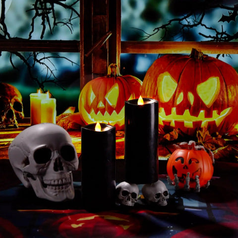 Flameless LED Candles With Remote Timers And Moving Flame Effect, 7-Inch Pillars By 3-Inch Diameter, Battery Operated, Black, Halloween Scene