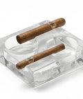 Clear Glass Cigar Ashtray Made From Premium Crystal, Heavyweight For Two Cigars, Modern Square Design with two cigars