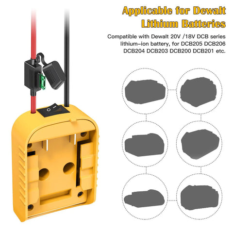 2 Pack Power Wheel Battery Adapters For 20V DCB Series Batteries With Switch Fuse And Wire Terminals, shown with compatibility diagram