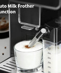 Fully Automatic Espresso Machine With Built In Adjustable Grinder And Auto Milk Frother Seven One Touch Brew Presets showing the auto milk frother in use.