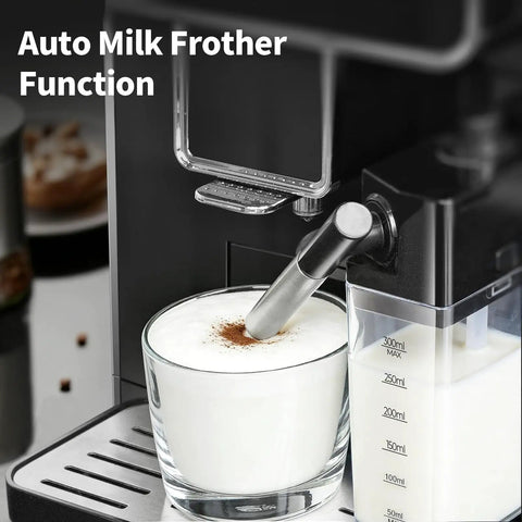 Fully Automatic Espresso Machine With Built In Adjustable Grinder And Auto Milk Frother Seven One Touch Brew Presets showing the auto milk frother in use.