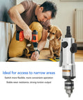 Heavy Duty Air Die Grinder With 2200 Rpm And 1/4 Inch Collet Zinc Alloy Body Built Tough For Grease Monkey Jobs Ergonomic Straight Pneumatic Drill With High Torque Motor Making Quick Work Of Any Metal Polish Project, shown with a worker and dog.