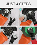 Universal Adjustable Pin Wrench For Angle Grinders With Lock Nut Grip Seven Point Five Inch Overall Length Fits From Three Eighths Inch To One And One Sixteenth Inch Hubs Rubber Dipped Handle For Comfort Replacement Tool For Angle Grinders Benches And in use demonstrating four-step process for changing grinder disc