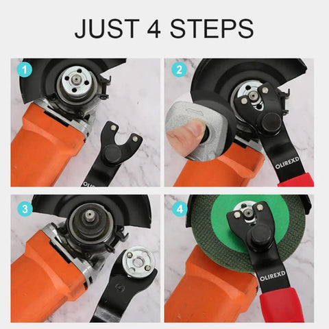 Universal Adjustable Pin Wrench For Angle Grinders With Lock Nut Grip Seven Point Five Inch Overall Length Fits From Three Eighths Inch To One And One Sixteenth Inch Hubs Rubber Dipped Handle For Comfort Replacement Tool For Angle Grinders Benches And in use demonstrating four-step process for changing grinder disc