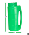 Handheld Lawn Seed Spreader With Adjustable Hole Size Dial Lid, 2 Liter Capacity, green, dimensions marked, cut out handle.