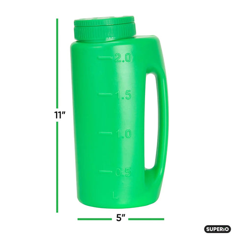 Handheld Lawn Seed Spreader With Adjustable Hole Size Dial Lid, 2 Liter Capacity, green, dimensions marked, cut out handle.