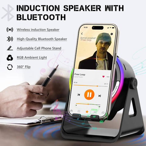 Wireless Induction Speaker Stand With Five In One Bluetooth Five Point Three, 360 Degree Rotation, RGB Ambient Light, Hands Free