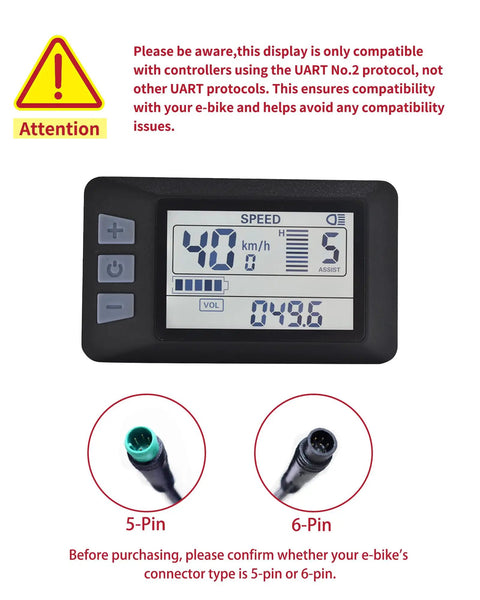 Ebike Display UART No 2 Protocol For 24V 36V 48V 60V Electric Bikes LCD Panel Screen Speedometer Odometer For Bike Modifications 5 Pin Connector Easy Install And Personalize Your Ride