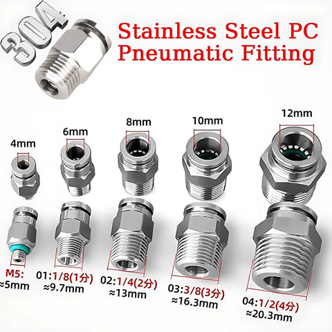 50Pcs Pneumatic Hose Fittings Must-Have Kit With 304 Stainless Steel Quick Release Air Tube Connectors, various sizes shown