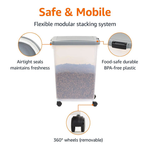 Airtight Pet Food Storage Container With Scoop Big 69 Quart Capacity For Dry Dog Food Cat Kibble And Bird Seed BPA Free FDA Grade Materials Removable Wheels Gray showing airtight seals and removable wheels.