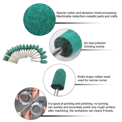 20 Piece Rubber Bullet Head Polishing Burr Set With 4mm 6mm 8mm 10mm Heads Green Cone Point Grinding Bit for metal and marble
