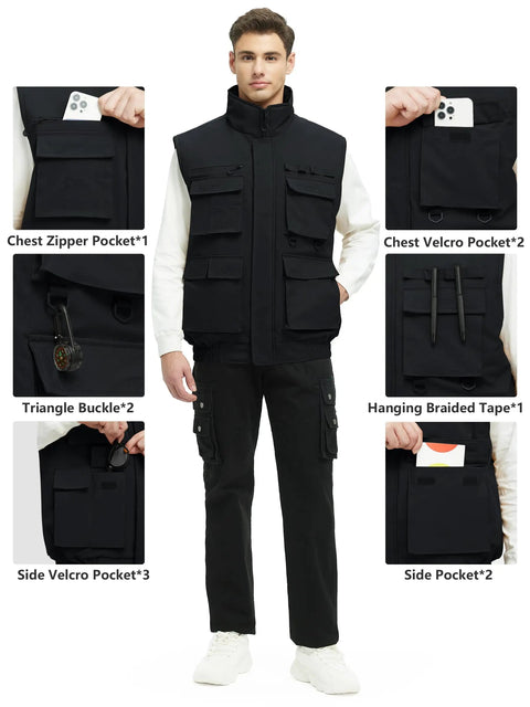 Mens Fleece Lined Winter Vest Windproof Water Resistant Outerwear with secure Velcro and zipper pockets displayed on a model.