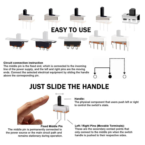 Slide Switch Kit 120 Pieces Micro Mini 3 Pin 2 Position 1P2T SPDT Toggle Switches For On Off DIY Projects diagram and instructions
