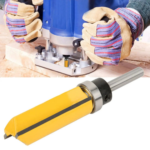Heavy Duty Four Inch Shank T Shaped Router Bit For Woodworking Milling cutting slotting trimming used by carpenter with gloves on.