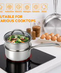Tri Ply Stainless Steel Sauce Pan With Steamer Basket 1.5 Quart Induction Ready Nonstick Pot on induction cooktop
